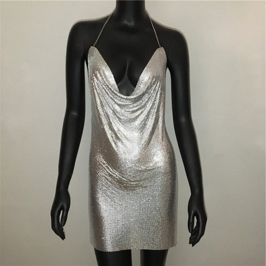 Deep V Neck Blackless Halter Silver Metal Sequined Slit Stage Show Party Mini Dresses The Clothing Company Sydney