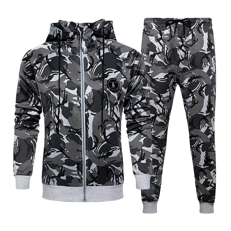 Camouflage men's sweatshirt and pants set from The Clothing Company Sydney, featuring a hooded jacket and matching camo track pants.