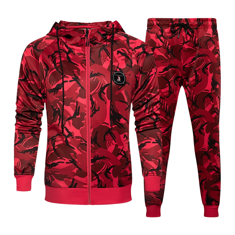 Camouflage men's tracksuit set with hooded sweatshirt and matching pants from The Clothing Company Sydney, casual outdoor wear.
