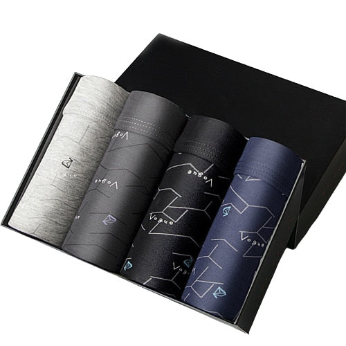 Four pairs of The Clothing Company Sydney men's boxer underwear featuring U convex design, printed patterns, and breathable soft fabric.