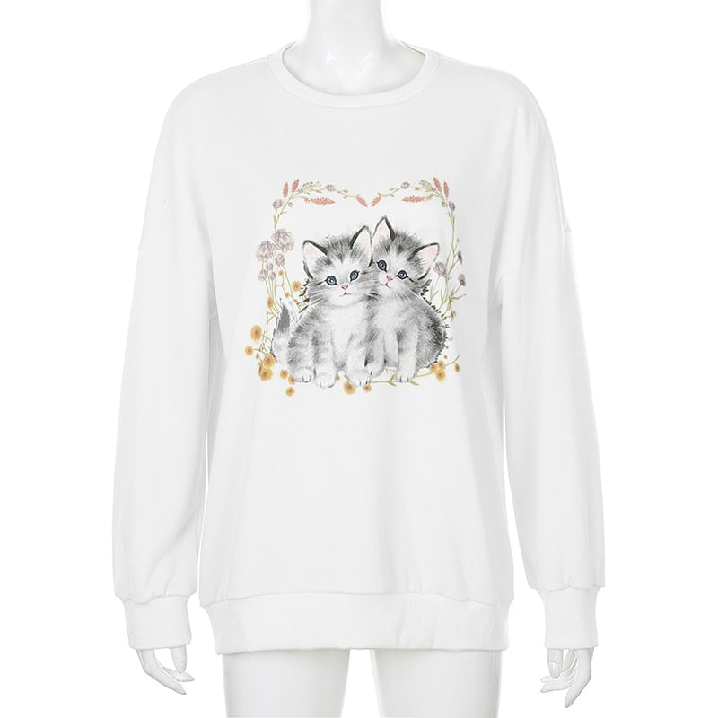 Cat Print Cute White Oversized Autumn Cute Long Sleeve Sweat Shirt Casual Loose Pullover Streetwear Sweatshirt The Clothing Company Sydney