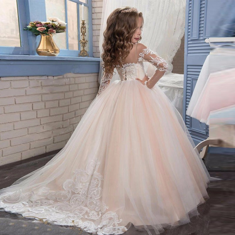 Kids long lace princess wedding dress by The Clothing Company Sydney, perfect for bridesmaids, teens, and children at parties or weddings.