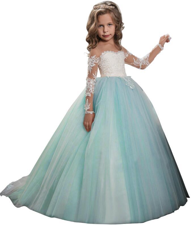 Kids girls bridesmaid long lace princess dress for wedding and parties, by The Clothing Company Sydney, featuring elegant lace details.