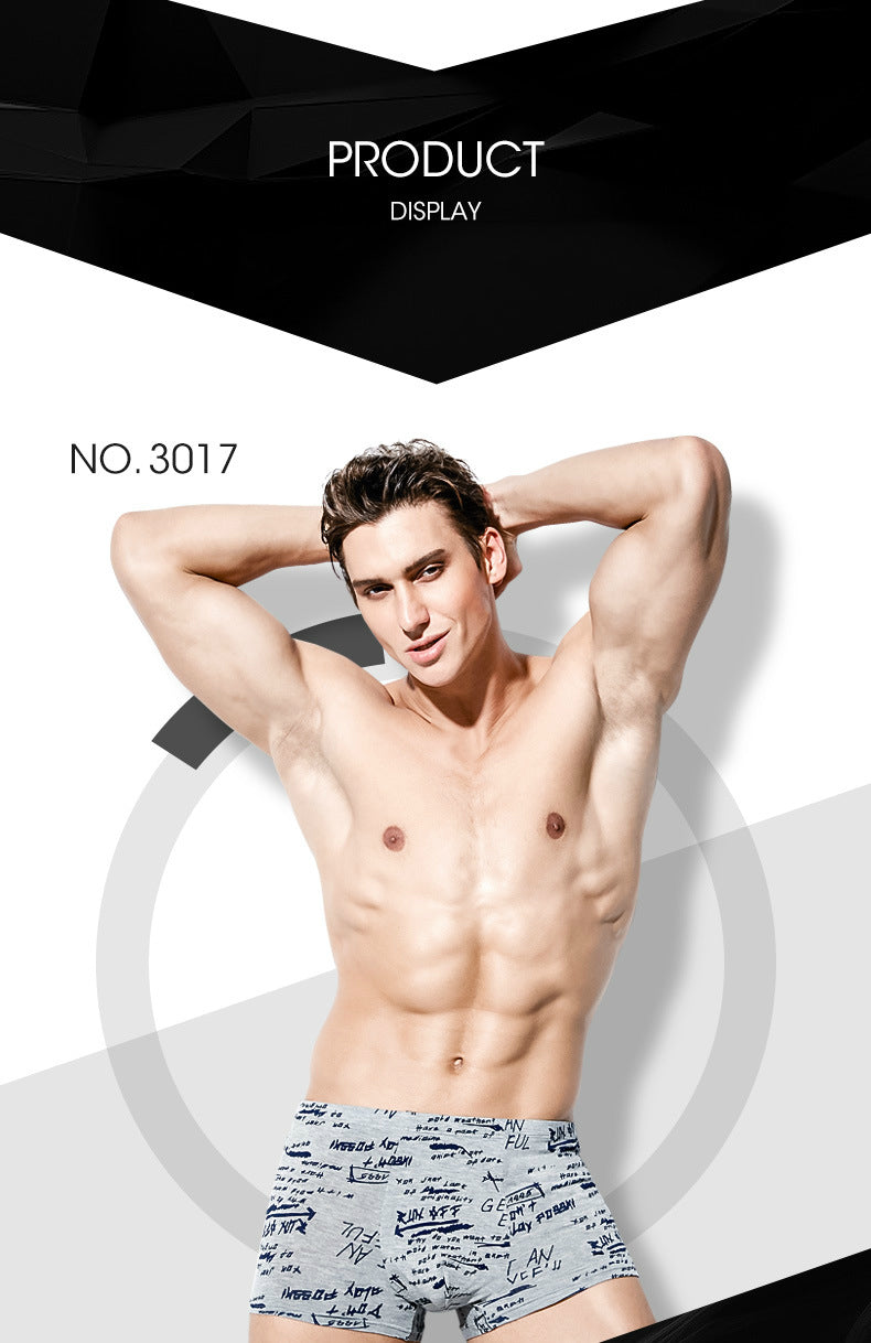 Four men's boxer briefs from The Clothing Company Sydney, breathable printed underwear with comfortable trunk fit.
