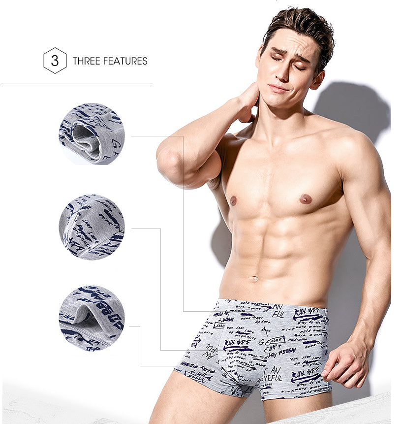 Four-pack men's boxer underwear from The Clothing Company Sydney, breathable trunks with colorful print and comfortable fit.