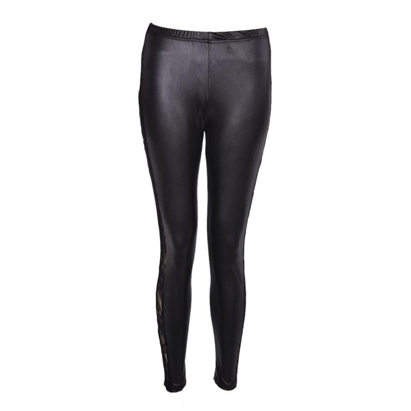 Black splicing lace faux leather slim fit leggings from The Clothing Company Sydney, showing stretch fabric and sleek design.
