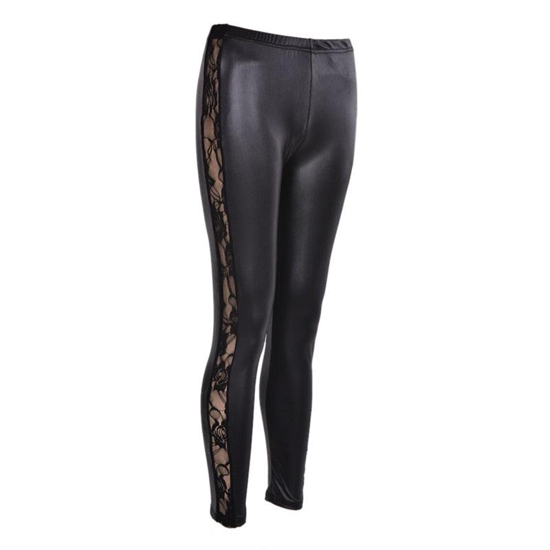 Black splicing lace faux leather slim fit leggings by The Clothing Company Sydney, showing stretchy, skinny design with lace and leather details.
