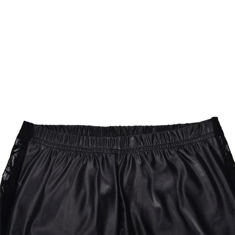 Black splicing lace faux leather skinny leggings with slim fit and stretch, designed by The Clothing Company Sydney.