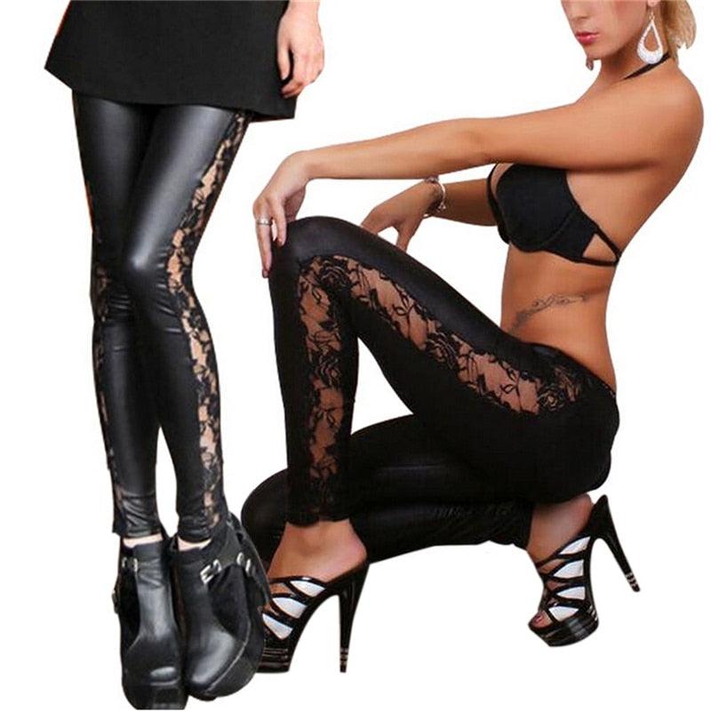 Black splicing lace faux leather slim fit leggings from The Clothing Company Sydney, featuring stretchy, skinny design and detailed lace accents.