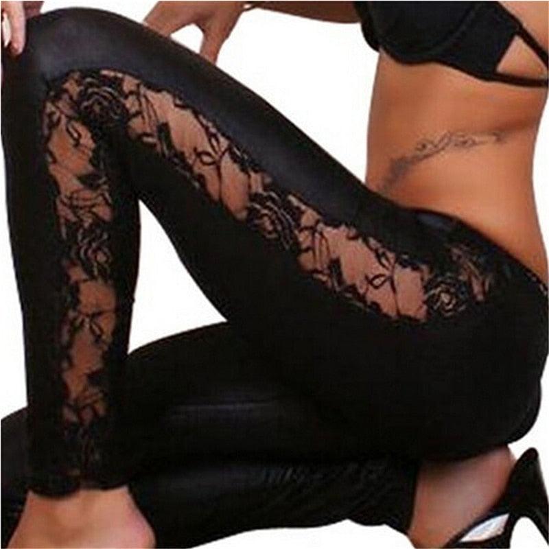 Black splicing lace faux leather slim fit leggings from The Clothing Company Sydney, with stretchy, skinny design and detailed lace accents.