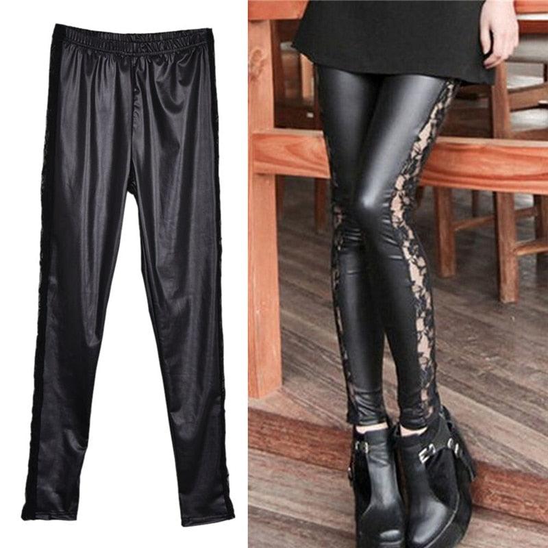 Black splicing lace faux leather slim fit leggings from The Clothing Company Sydney, showcasing their stretchy, skinny design.