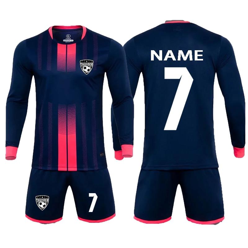 Soccer football jersey and shorts set with name and number print by The Clothing Company Sydney, featuring team-style design.