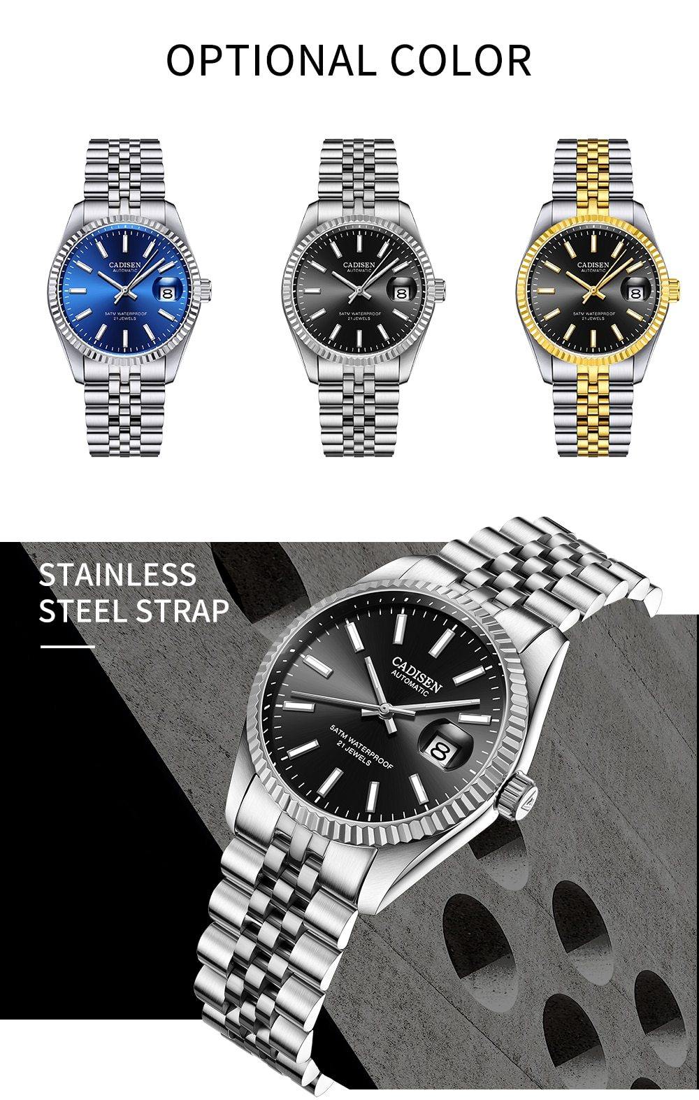 Luxury automatic men's wristwatch by The Clothing Company Sydney with stainless steel band, waterproof, and sporty mechanical design.