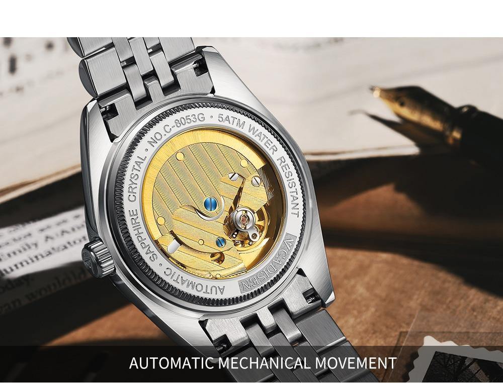 Luxury automatic men's watch by The Clothing Company Sydney featuring stainless steel, waterproof design, and business sport style.