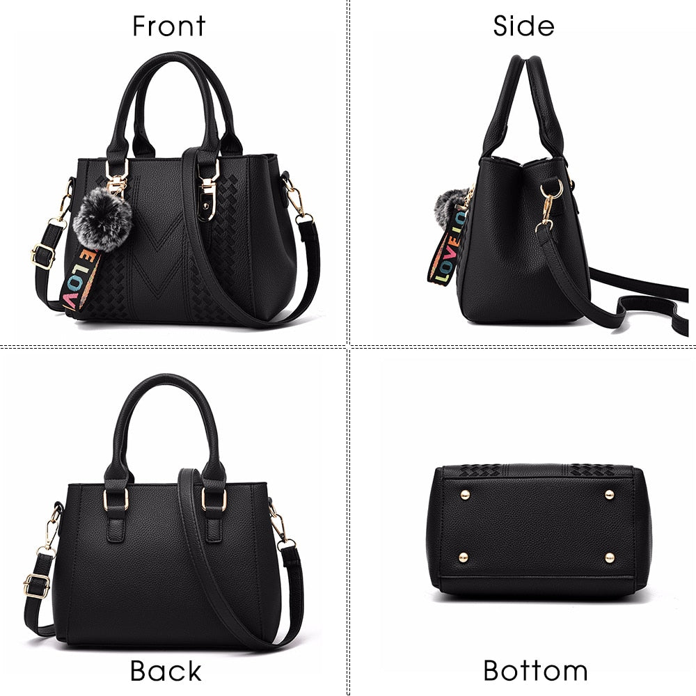 Embroidery handbag with fur ball, PU leather shoulder bag, crossbody tote, stylish female purse from The Clothing Company Sydney