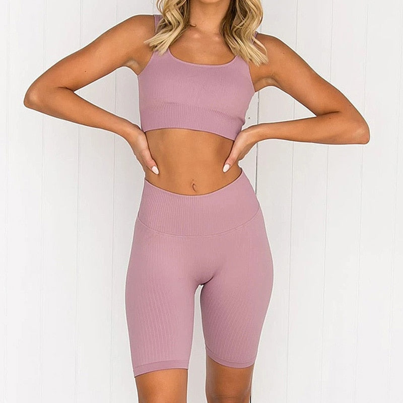 Two-piece high-waist yoga shorts and sports leggings set by The Clothing Company Sydney, seamless and ideal for gym and outdoor fitness.