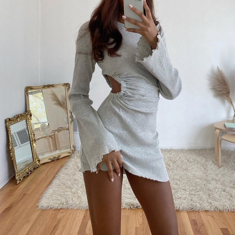 Autumn Draped Flare Sleeve Cut-Out Mini Dress by The Clothing Company Sydney, featuring round neck, ruched waist, and casual streetwear style.