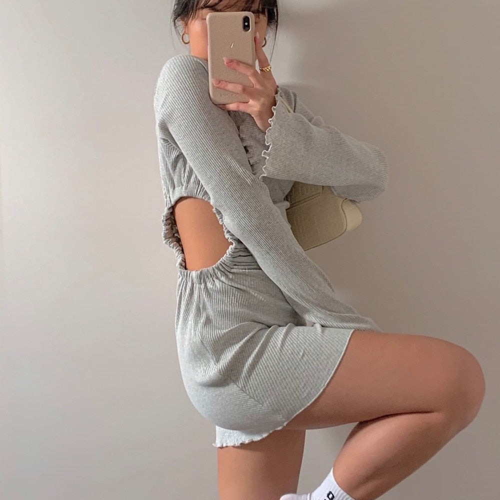 Autumn draped flare sleeve mini dress with cut-outs, round neck, ruching, and skinny fit from The Clothing Company Sydney.
