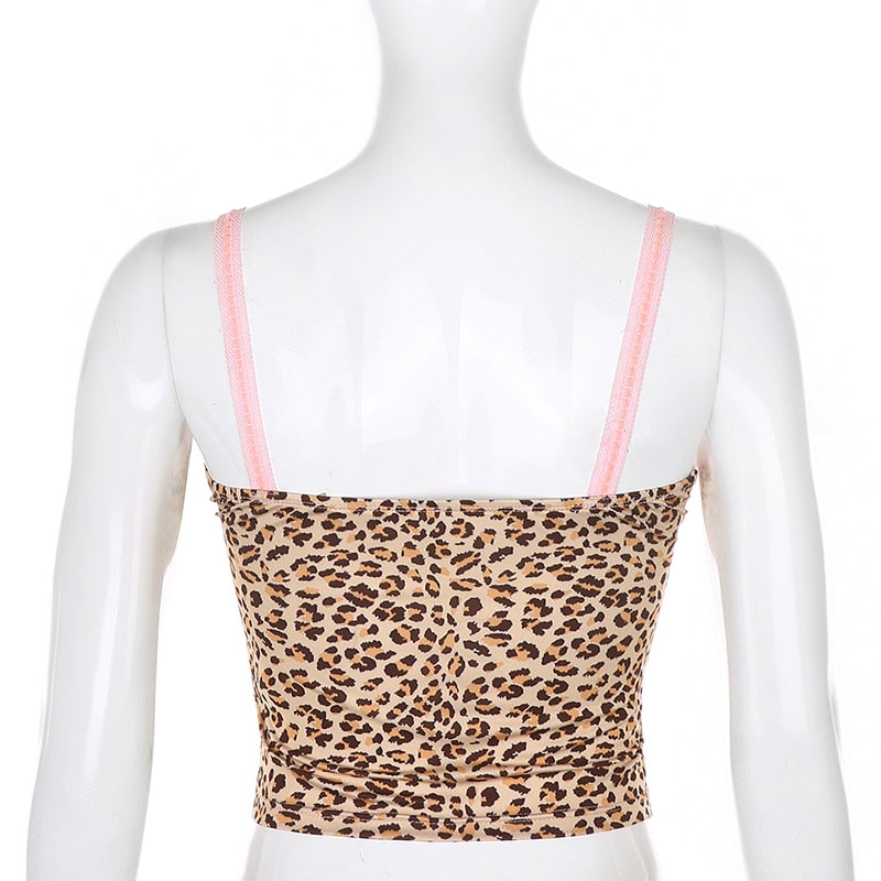 Pink lace sleeveless cami top with animal print, leopard design, backless cut, spaghetti straps, perfect for summer.