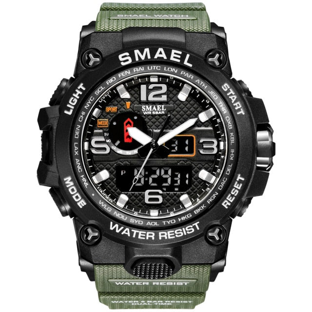 50M water-resistant military-style wristwatch with dual display, quartz movement, suitable for sports and outdoor use.