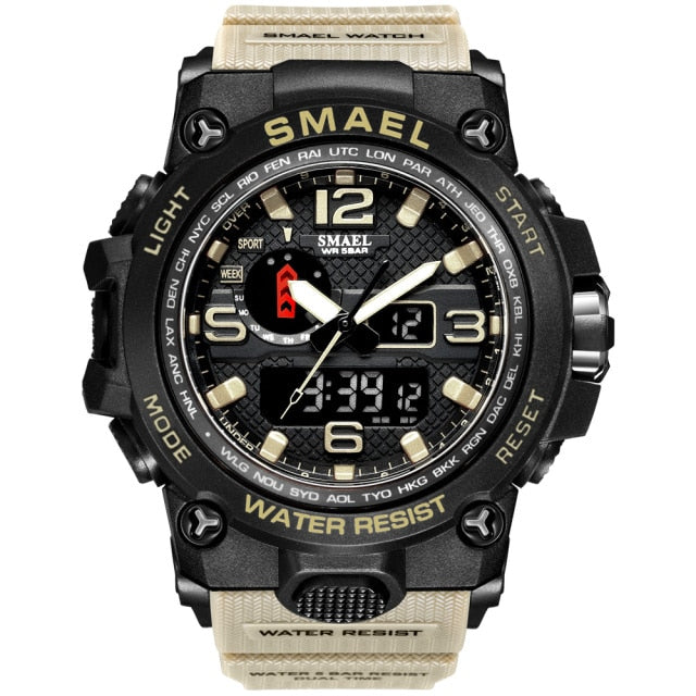 Water-resistant 50M men's wristwatch with dual display, quartz military style, sport design, by The Clothing Company Sydney.