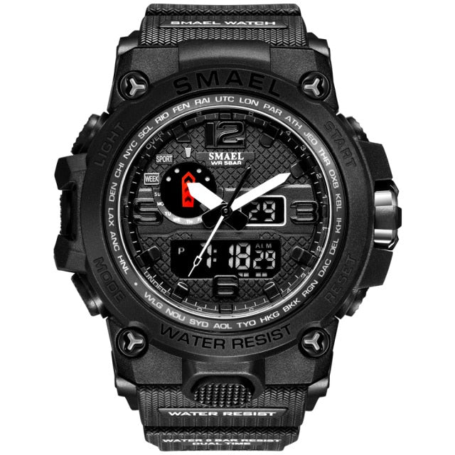 Water-resistant 50M men's military-style wristwatch with dual display, quartz movement, alarm, and sport design by The Clothing Company Sydney.