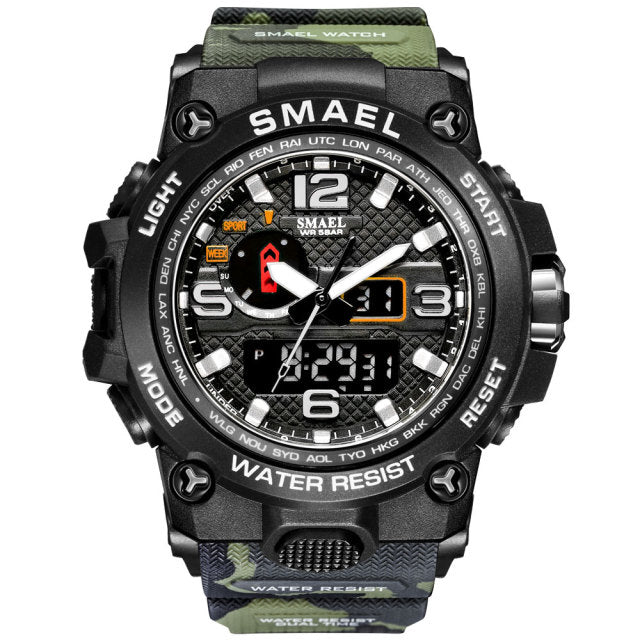 Water-resistant 50M men's military sport wristwatch with dual display, quartz movement, alarm, and durable design by The Clothing Company Sydney.