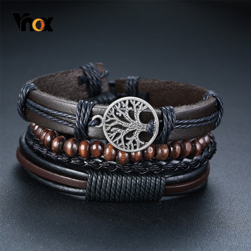 Men's braided leather bracelets set with wood beads, life tree charm, and tribal style design for a vintage ethnic look.