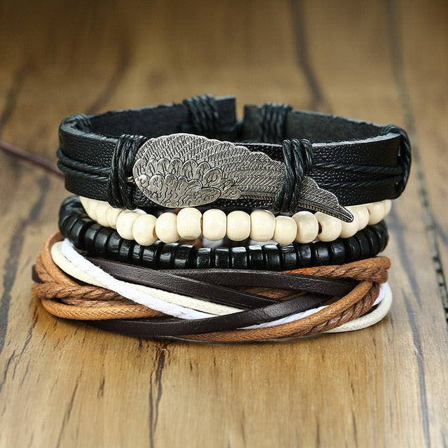 4-piece men's braided leather bracelet set with wood beads, life tree charm, and tribal style design by The Clothing Company Sydney