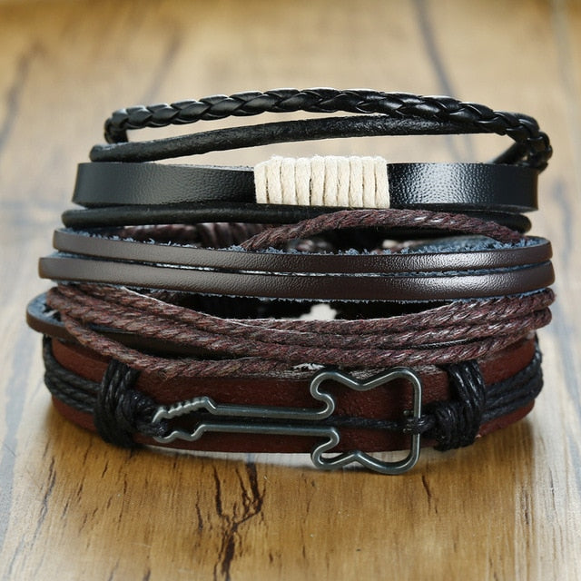 4-piece men's braided wrap leather bracelets with wood beads, life tree charm, and tribal style from The Clothing Company Sydney