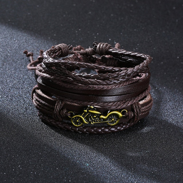 Four braided leather bracelets with wood beads and life tree charms, vintage tribal style wristbands for men.