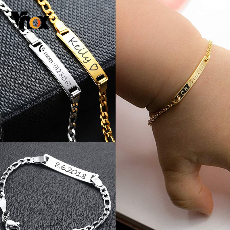 Gold tone stainless steel personalized baby name bracelet with adjustable fit, crafted by The Clothing Company Sydney.