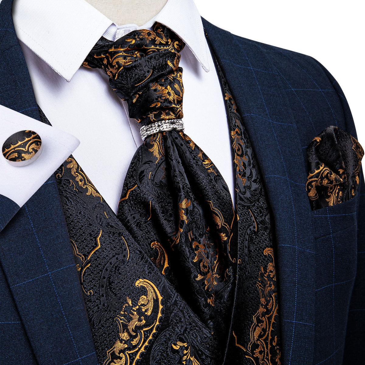 5-piece men's gold paisley silk waistcoat, ascot tie, pocket square, necktie, and ring set for wedding or formal attire.