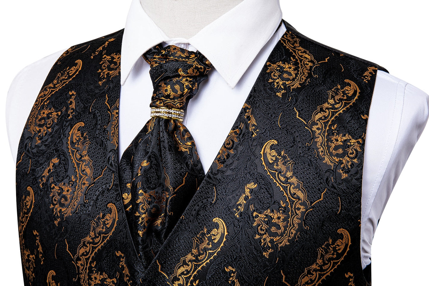 5 Piece Men Gold Paisley Silk Waistcoat Ascot Tie Pocket Square Necktie Ring Set Wedding Formal Dress Vests Set The Clothing Company Sydney