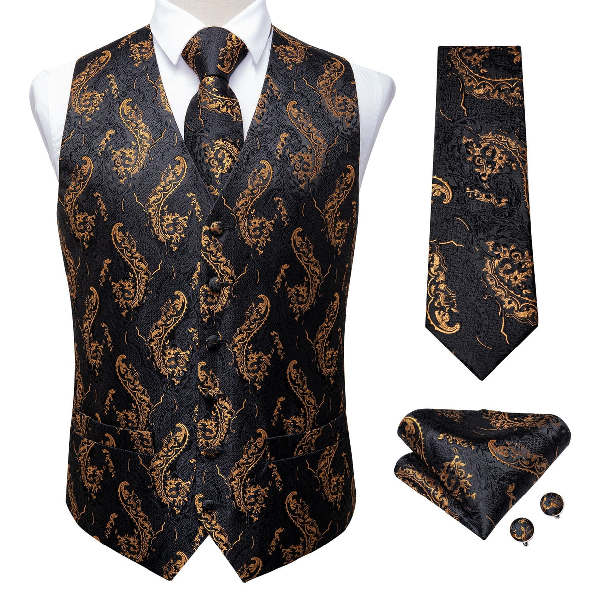 Elegant 5-piece men’s gold paisley silk waistcoat set with ascot tie, pocket square, necktie, and ring for wedding or formal wear.