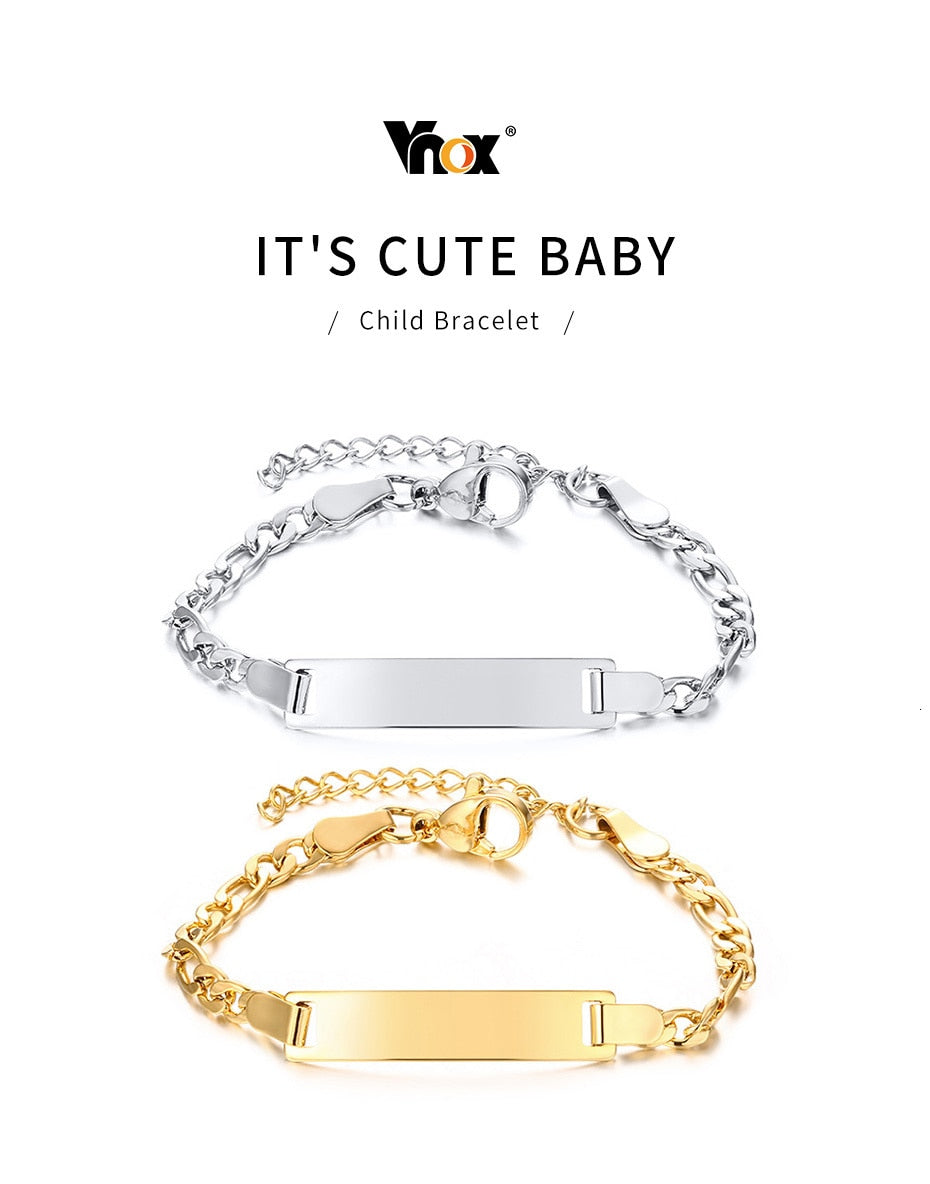 Gold-tone stainless steel personalized baby name bracelet with adjustable fit, featuring custom engraved name, from The Clothing Company Sydney.