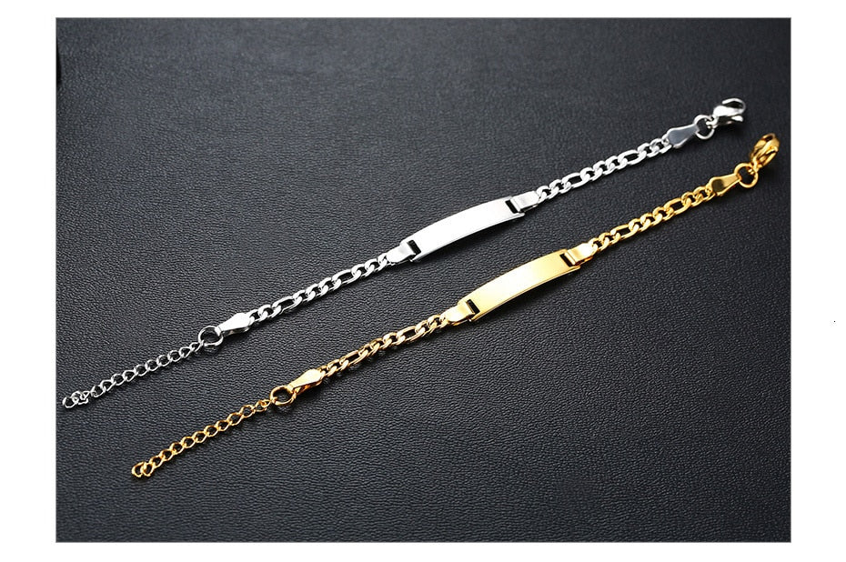 Gold tone stainless steel personalized baby name bracelet with adjustable fit, featuring custom engraved name for infants or toddlers.