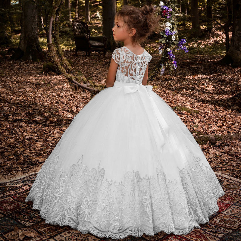 Kids girls' long lace princess wedding dress for bridesmaids and parties, by The Clothing Company Sydney.