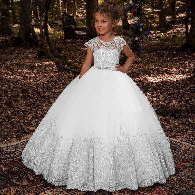 Kids girls bridesmaid wedding dress with long lace princess style, perfect for parties, weddings, and special occasions.