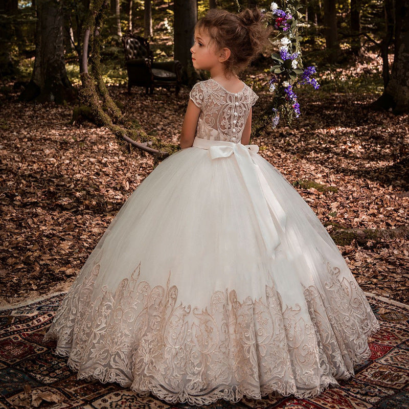 Kids girls' long lace princess wedding dress by The Clothing Company Sydney, perfect for bridesmaids or special occasions.