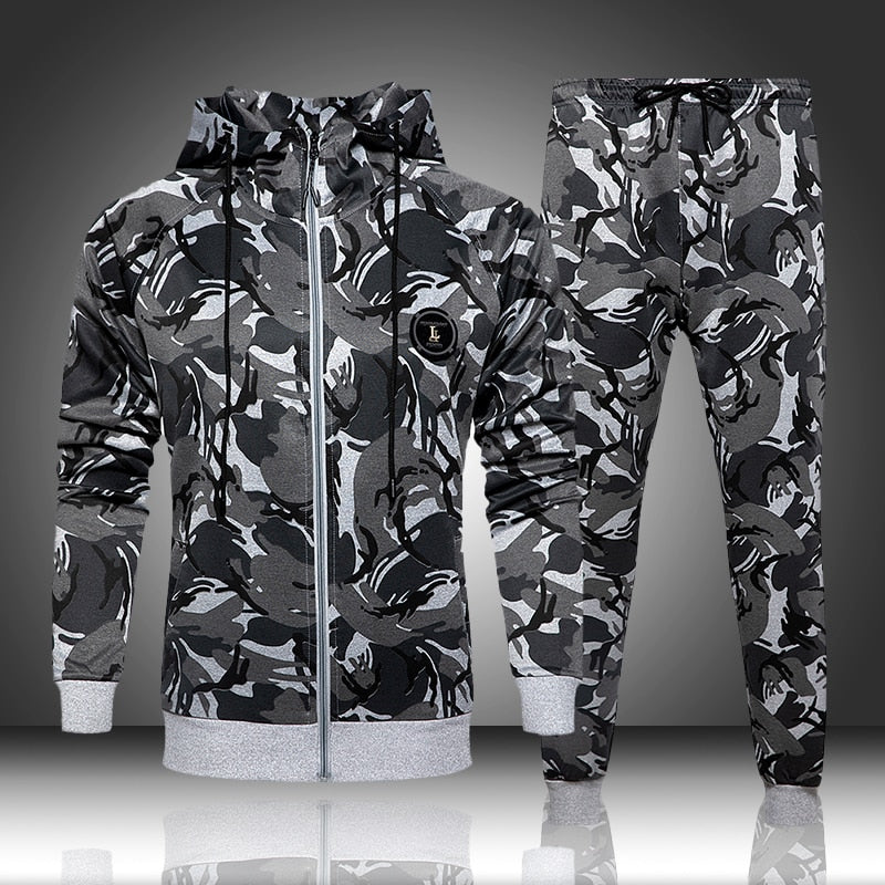 Camouflage men's hoodie and pants set by The Clothing Company Sydney, featuring a camouflage print and comfortable tracksuit style.