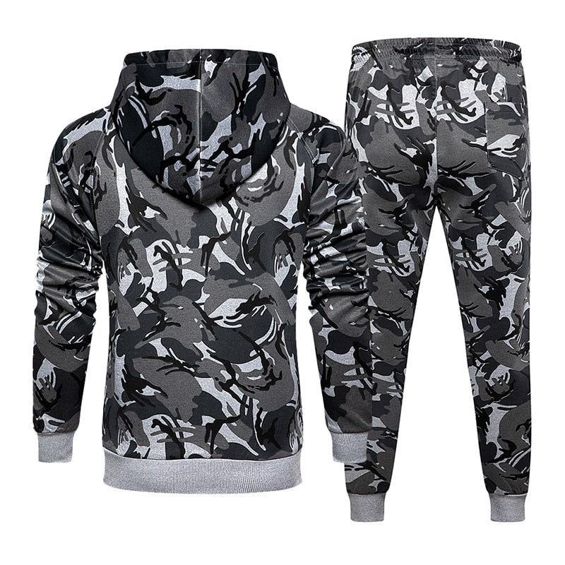 Camouflage men's sweatshirt and pants set with hood, from The Clothing Company Sydney, featuring a matching camo tracksuit.