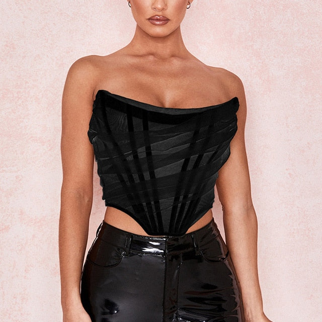 Sleeveless, strapless bustier corset crop top with mesh back and front zipper from The Clothing Company Sydney, perfect for summer.