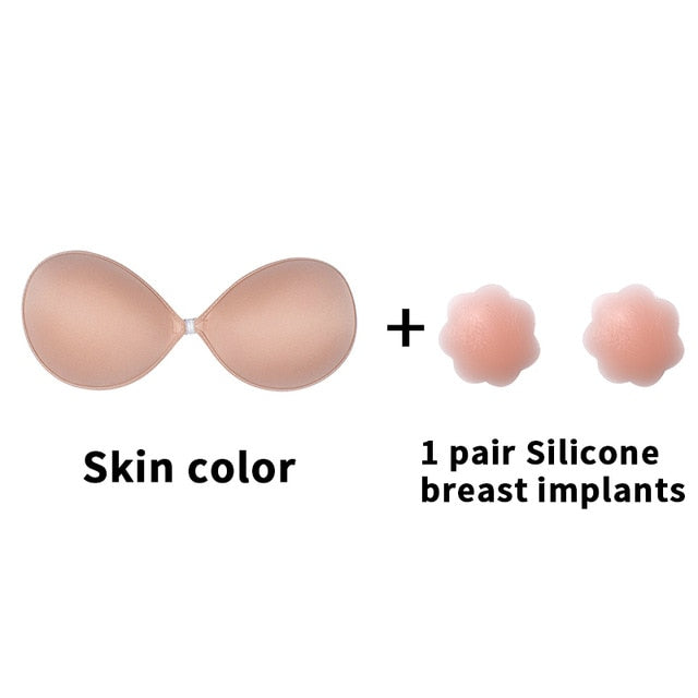 Seamless black silicone invisible push-up bra with front closure, self-adhesive, strapless, backless underwear from The Clothing Company Sydney.