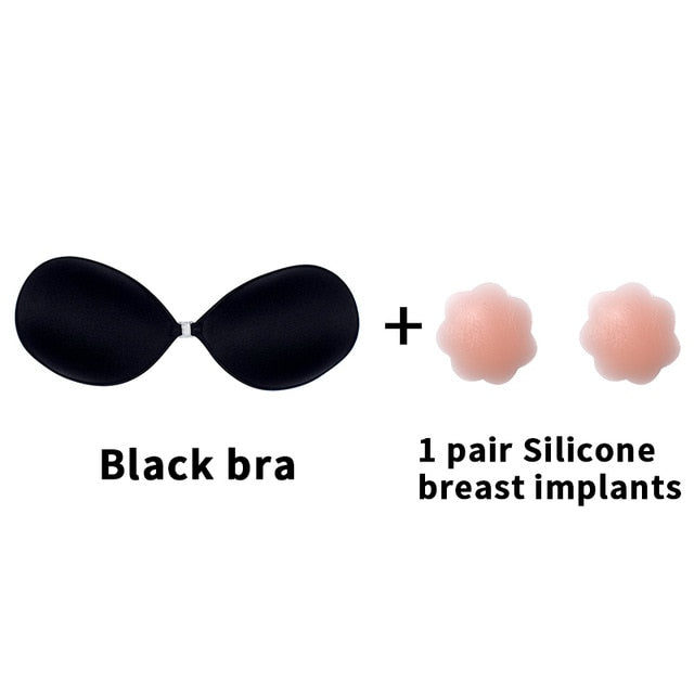 Self-adhesive silicone invisible push-up bra from The Clothing Company Sydney, seamless, strapless, backless, with front closure.