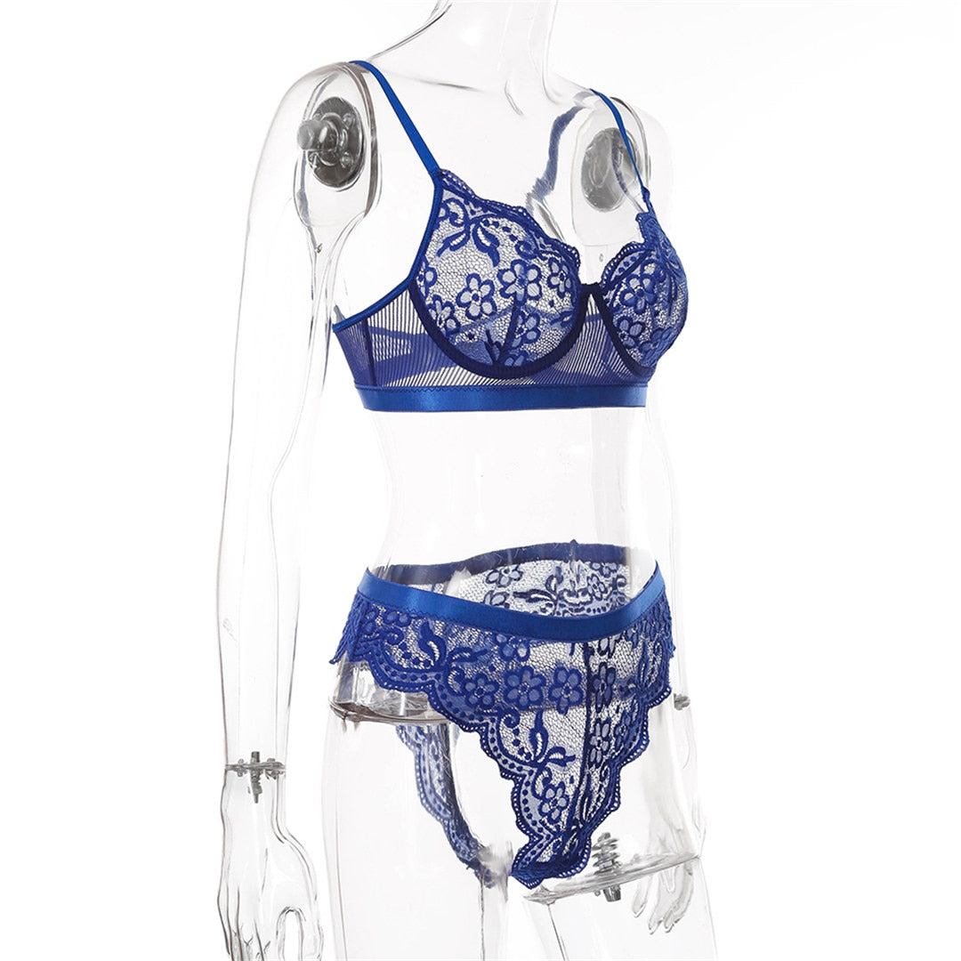 Blue lace lingerie set with transparent bra and brief panties from The Clothing Company Sydney, featuring delicate floral details.