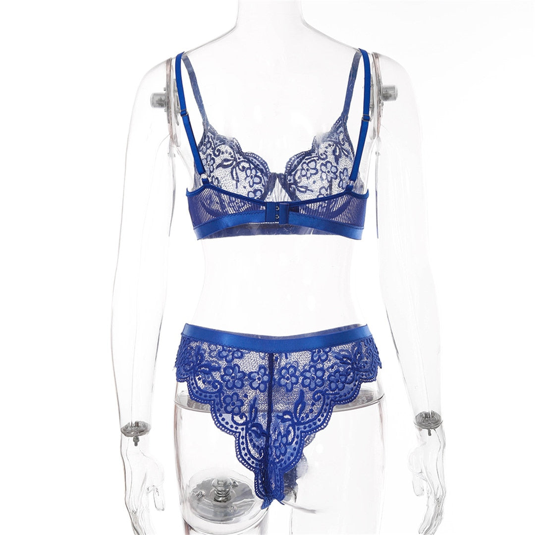 Blue lace lingerie set with transparent bra and matching panties, featuring delicate floral detailing and comfortable fit.