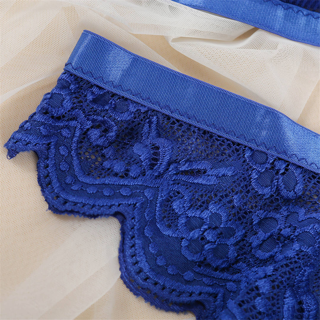 Blue lace lingerie set with transparent bra and matching brief panties, 2-piece underwear by The Clothing Company Sydney.