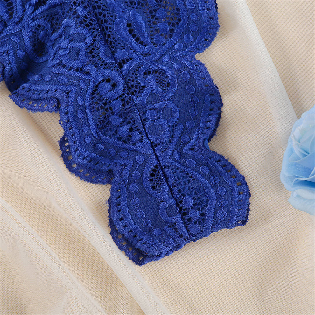 Blue lace lingerie set with transparent bra and matching briefs, featuring delicate floral details from The Clothing Company Sydney.