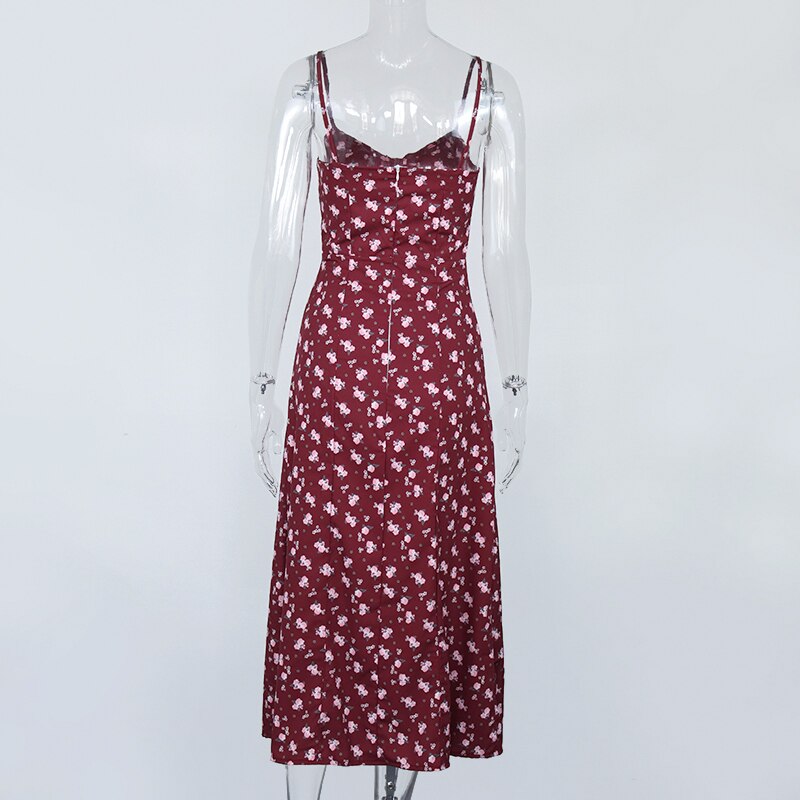 Women’s floral wine-colored prairie chic dress with spaghetti straps, backless design, side split, and draped lace-up chest detail.